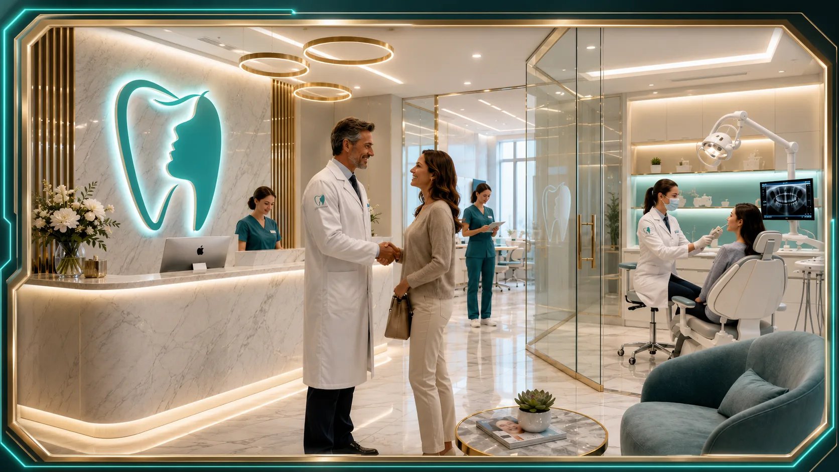 Clínica odontológica moderna e elegante com equipe e pacientes
